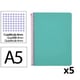 Pack 5x Cuaderno Espiral Cuarto | Cuadrícula 4mm | 90g | Tapa Dura | Turquesa