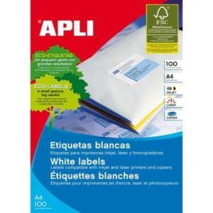 Apli Etiquetas | 210 x 297 mm Blancas 100 etiquetas
