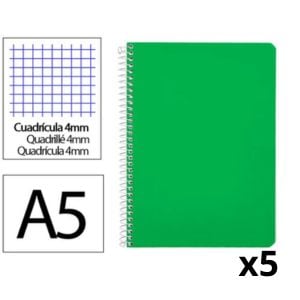 Pack 5x Cuaderno Espiral Cuarto | Cuadrícula 4mm | 90g | Tapa Dura | Verde