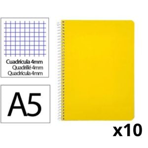 Pack 10x Cuaderno Espiral | Cuarto Cuadrícula 4mm | 90g | Tapa Dura | Amarillo