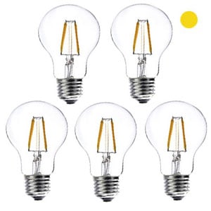 Pack x5: Bombilla LED E27 | Filamento | Pera | Luz cálida | 6W | 2500K