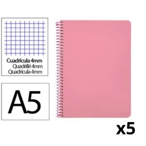 Pack 5x Cuaderno Espiral Cuarto | Cuadrícula 4mm | 90g | Tapa Dura | Rosa